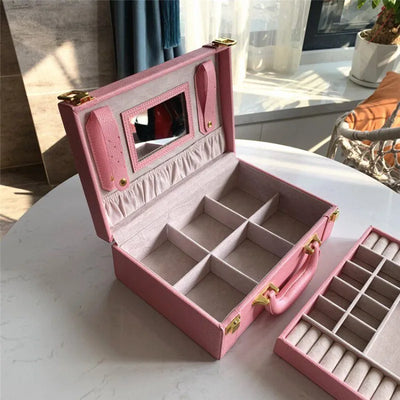 Leather Travel Jewelry Box with Mirror – Double-Layer Jewelry Organizer