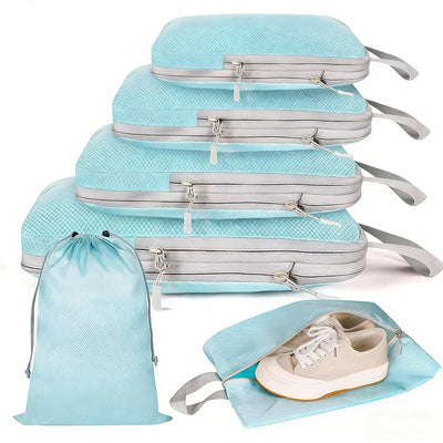 A set of light blue mesh packing cubes and a matching drawstring bag, shown with a pair of beige sneakers placed inside one of the packing cubes on a white background.