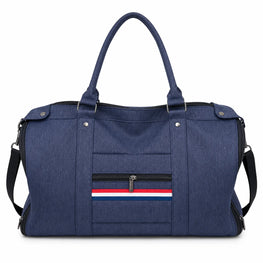 Blue duffel bag with a striped pocket on a white background