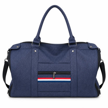 Blue duffel bag with a striped pocket on a white background
