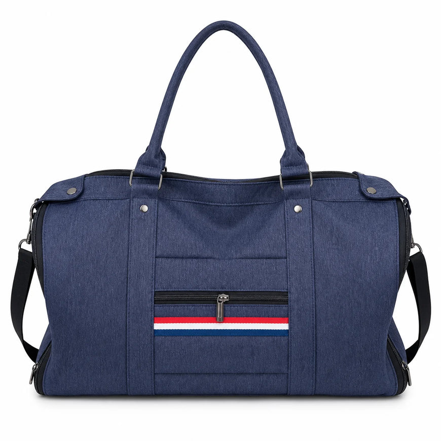 Blue duffel bag with a striped pocket on a white background