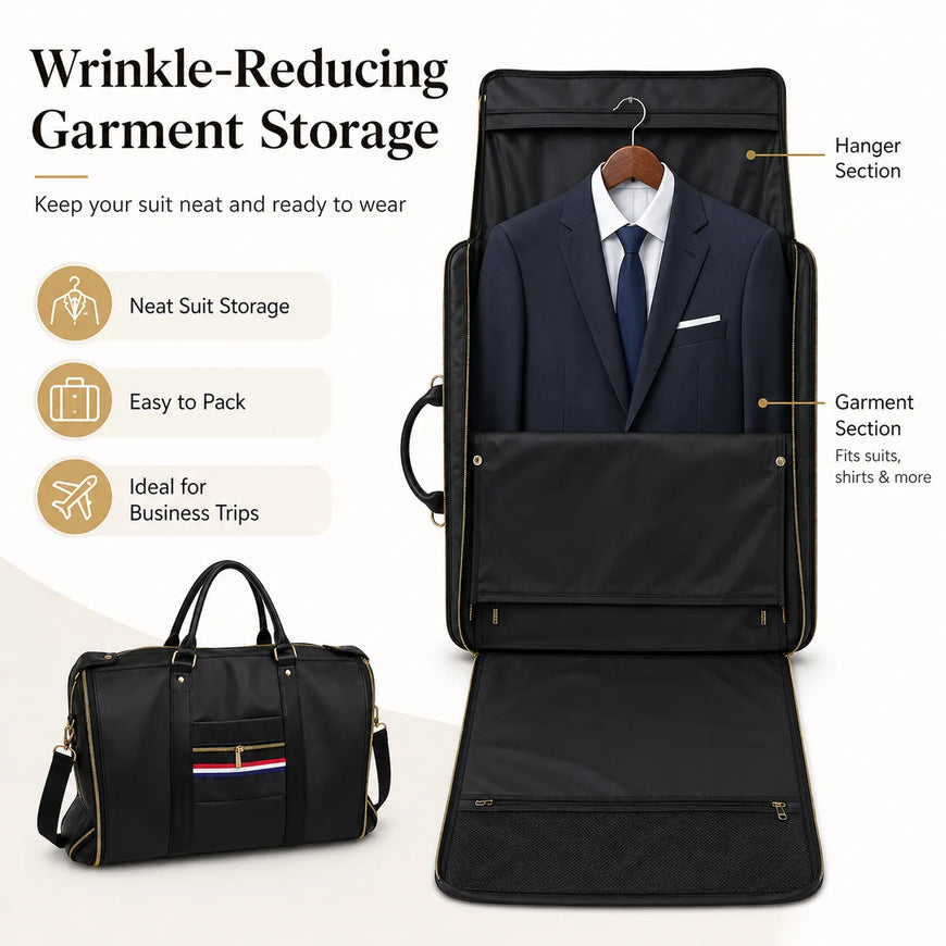 Black wrinkle-reducing garment storage bag shown both closed and open, with a navy suit hanging inside. The image includes marketing text and callouts highlighting features like hanger section, garment section, neat suit storage, and ease of pack.