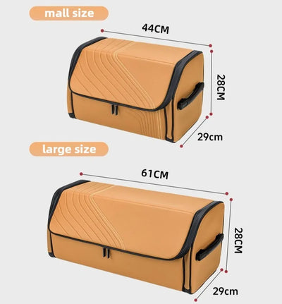Two tan storage bins with black trim shown on a light gray background, labeled mall size and large size, with dimensions marked in centimeters.