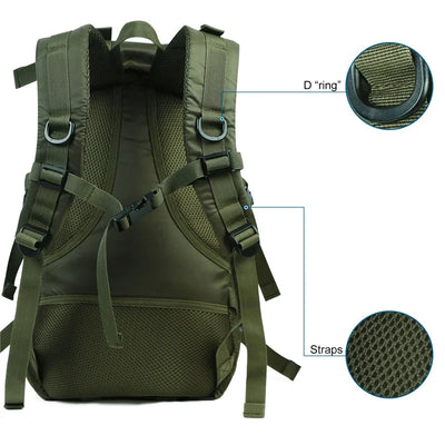 Green tactical backpack with close-up details on a white background