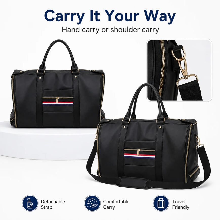 Black duffel bag with gold-tone hardware and a red, white, and blue stripe detail on the front pocket, shown in two views with text reading 'Carry It Your Way' and feature icons for detachable strap, comfortable carry, and travel friendly.