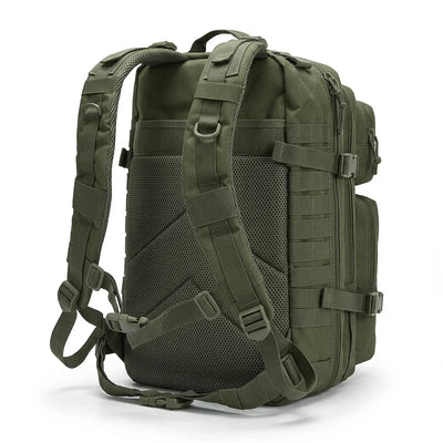 An olive green tactical backpack shown from a three-quarters rear view, featuring a breathable mesh back panel, adjustable shoulder straps, and MOLLE webbing on the side, set against a plain white background.