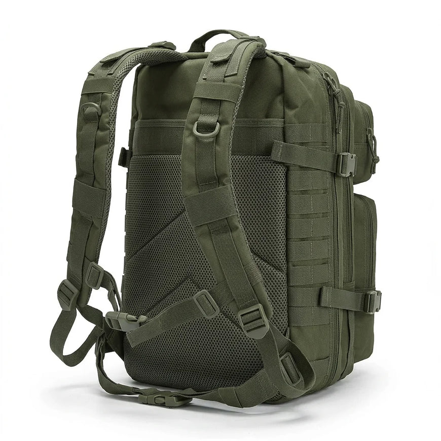 An olive green tactical backpack shown from a three-quarters rear view, featuring a breathable mesh back panel, adjustable shoulder straps, and MOLLE webbing on the side, set against a plain white background.