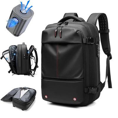 Black laptop backpack with red stitching and dual zipper compartments, shown on a white background with inset views of the interior, side pocket, and a cylindrical accessory with blue light effects.