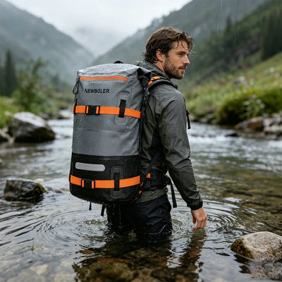 Man crossing a stream wearing a Newboler backpack