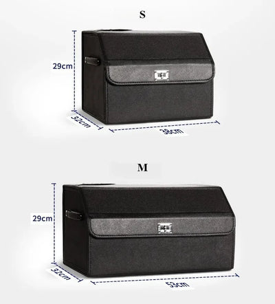 Two black storage boxes shown with dimension labels S and M, each marked with width, height, and depth measurements on a light gray background.