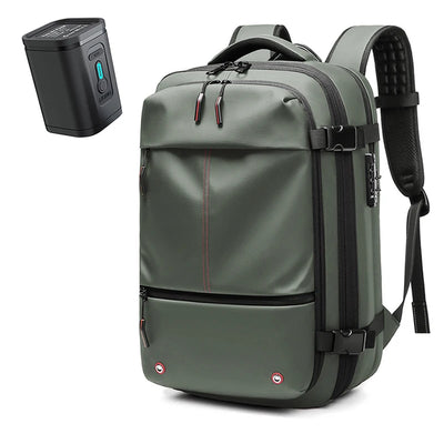 Green backpack with a power bank on a white background