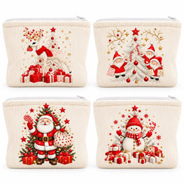 Four ribbed cream zippered pouches arranged in a 2x2 grid, each printed with a different Christmas-themed design: a reindeer with gifts, Santa and children by a tree, Santa by a tree, and a snowman with gifts.