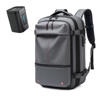 Gray backpack with black power bank on a white background