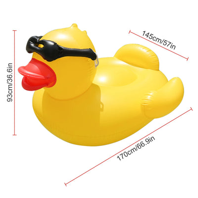 Inflatable yellow duck with sunglasses and measurements on a white background