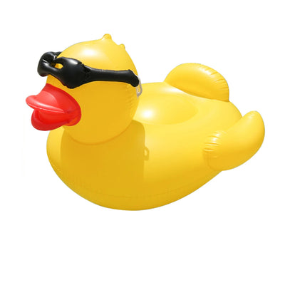 Inflatable yellow duck with sunglasses and measurements on a white background