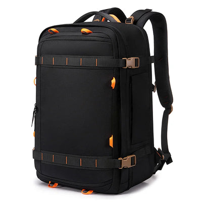 A black multi-compartment backpack with orange accents and brown buckle details, shown from a three-quarter angle on a white background.