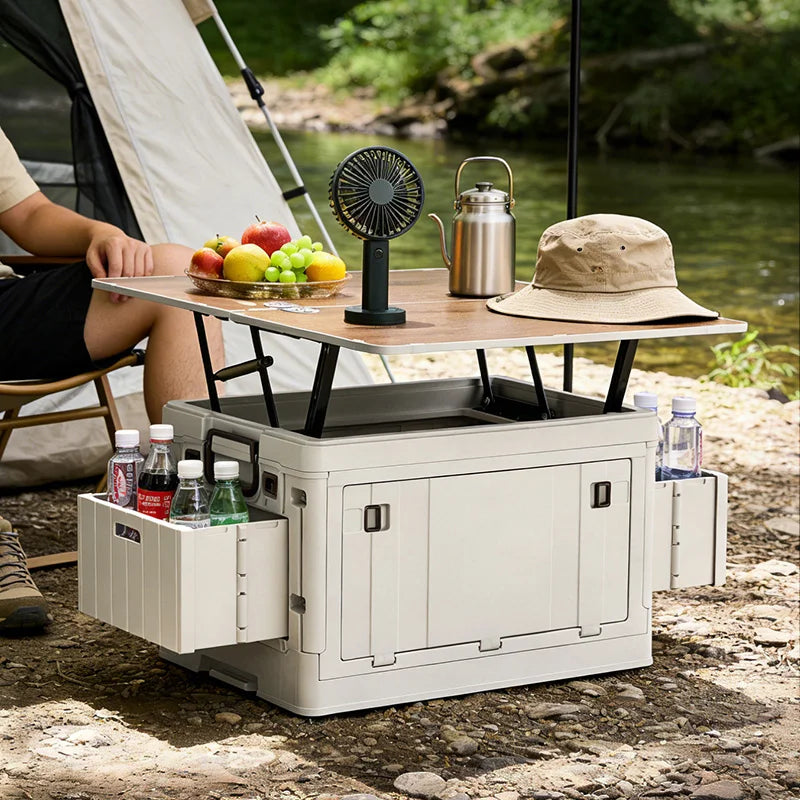Folding Storage Box – Wooden Lid Camping & Trunk Organizer