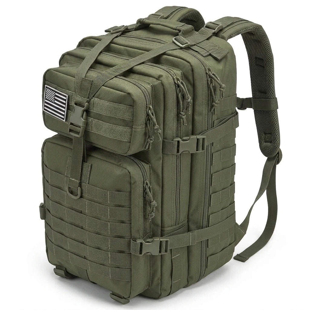 An olive green tactical backpack with multiple zippered compartments, MOLLE webbing, and an American flag patch on the front, shown against a plain white background.