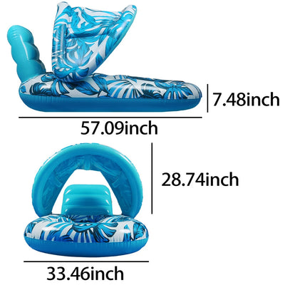 Inflatable chair with blue and white design, shown with measurements on a white background.