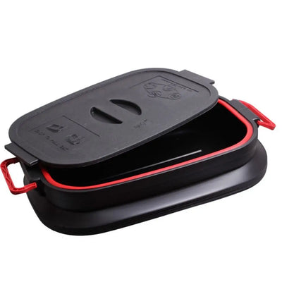 Black and red container with a lid on a white background