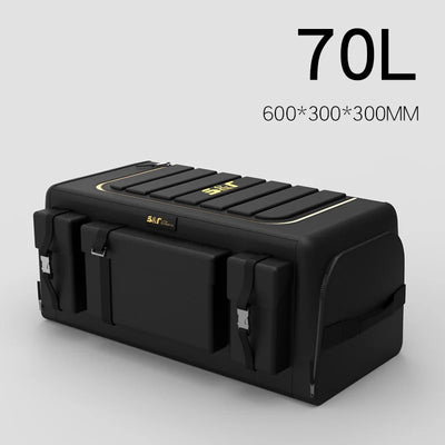 Black 70L storage bag with dimensions on a light gray background