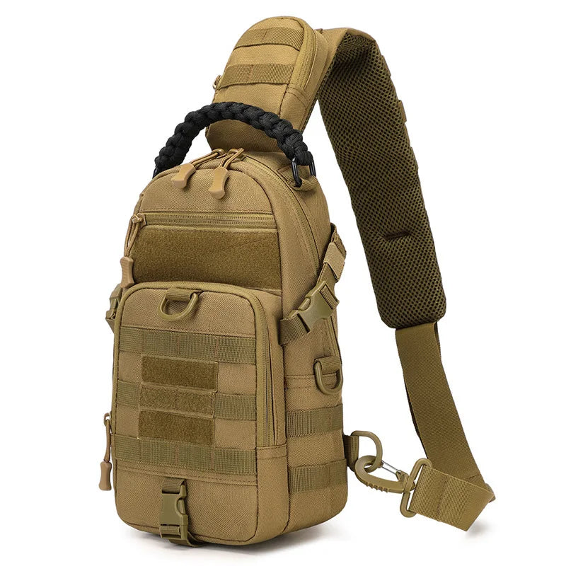 Tan tactical sling bag with multiple straps and pouches on a white background
