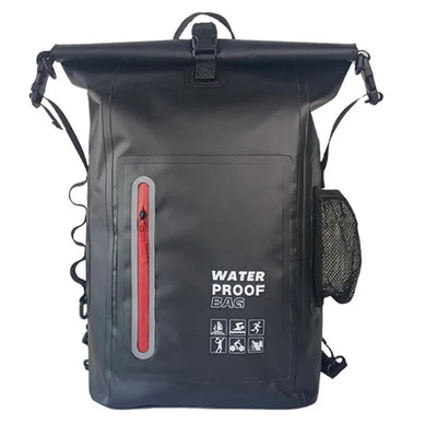 A black waterproof roll-top backpack with a front vertical zipper pocket featuring a red pull tab, white 'WATER PROOF BAG' text, and activity icons, shown on a plain white background.