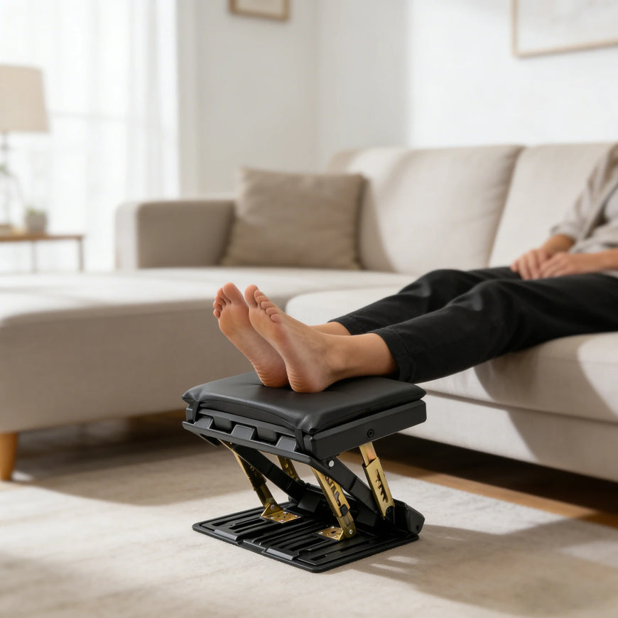 A black footrest with gold-toned metal supports and a padded top, shown with a person's bare feet resting on it in a living room setting.