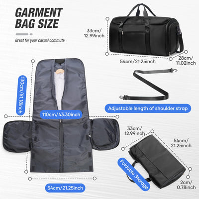 Garment bag with dimensions and features highlighted on a white background