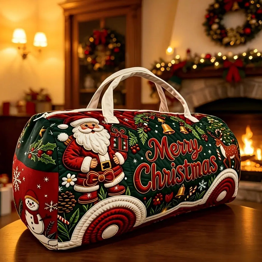 A festive Christmas-themed duffel bag with white handles, featuring a detailed holiday print of Santa Claus, 'Merry Christmas' text, snowman, and pinecones, set against a warm, blurred Christmas fireplace background.