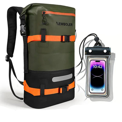 Green and black backpack with orange accents and a phone pouch on a white background