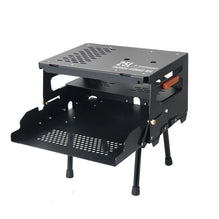 Black metal step stool with perforated design on a white background