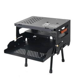 Black metal step stool with perforated design on a white background