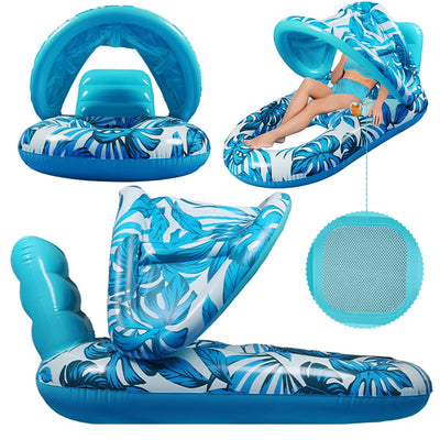 Set of inflatable pool floats with blue and white floral pattern on a white background