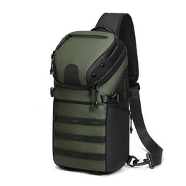 An olive green tactical sling backpack with black accents, shown on a plain white background.
