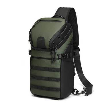 An olive green tactical sling backpack with black accents, shown on a plain white background.
