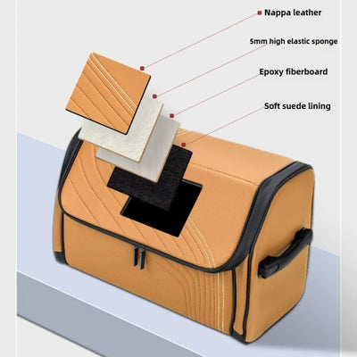 A tan and black storage case with a cutout showing layered material samples labeled Nappa leather, 5mm high elastic sponge, Epoxy fiberboard, and Soft suede lining, on a light gray background.