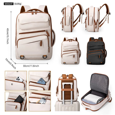 Multifunctional backpack with various compartments and dimensions displayed.