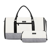 White and gray duffel bag with black straps on a white background