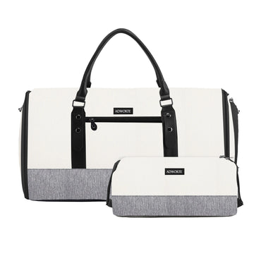 White and gray duffel bag with black straps on a white background