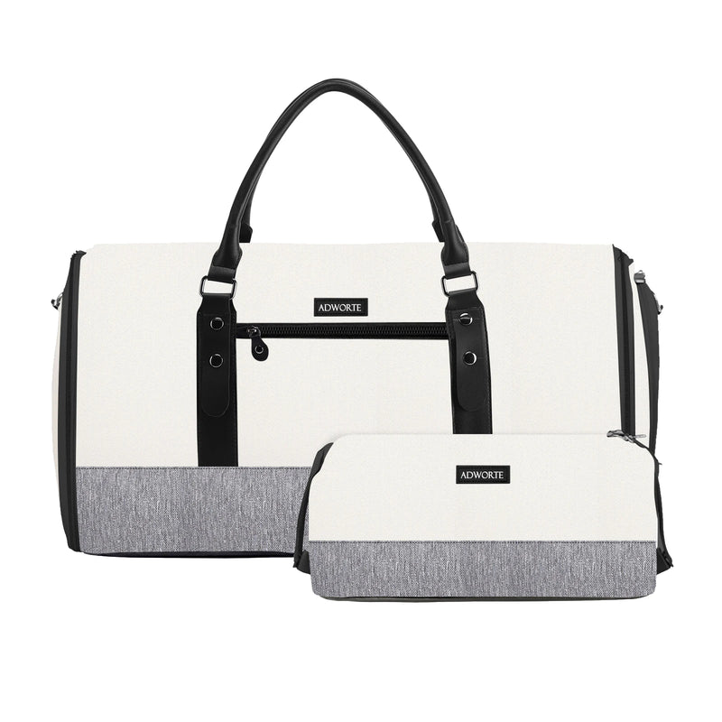 White and gray duffel bag with black straps, shoe, and mirror on a white background