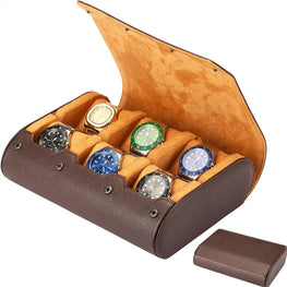 Brown watch case with six watches of different designs and colors on a white background