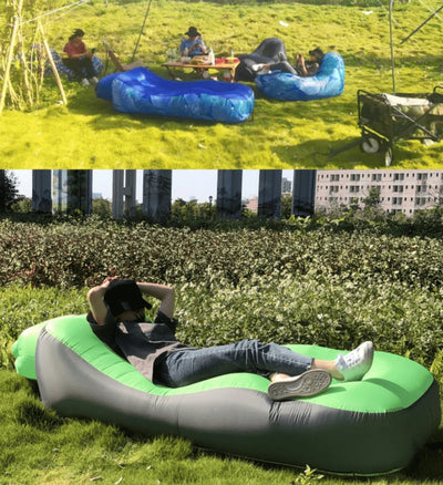 A split collage showing inflatable lounge sofas on grass. The top panel shows blue sofas with people sitting and relaxing outdoors under a tent.