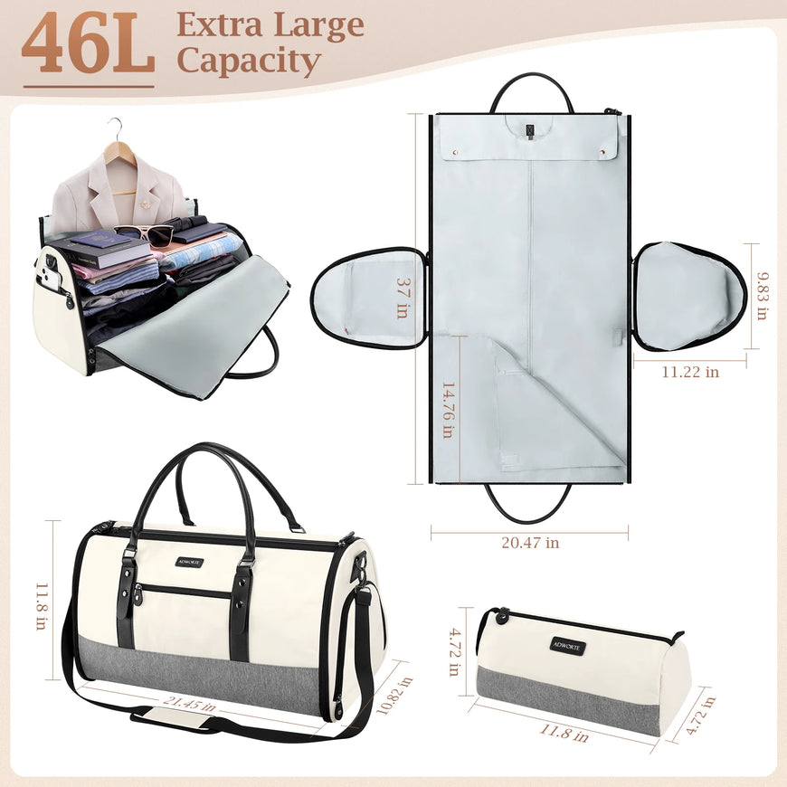 White and gray duffel bag with dimensions and capacity details on a beige background