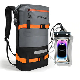 Gray and orange backpack with phone pouch on a white background