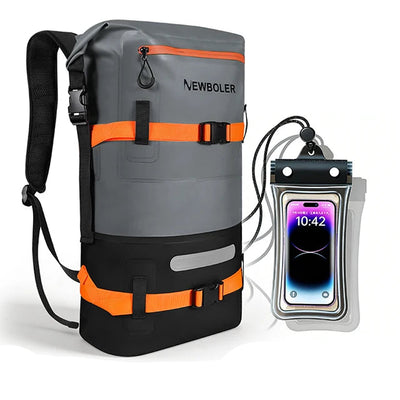 Gray and orange backpack with phone pouch on a white background