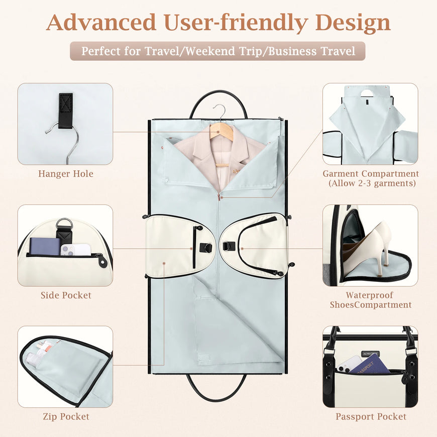 Travel garment bag with various compartments and features on a beige background