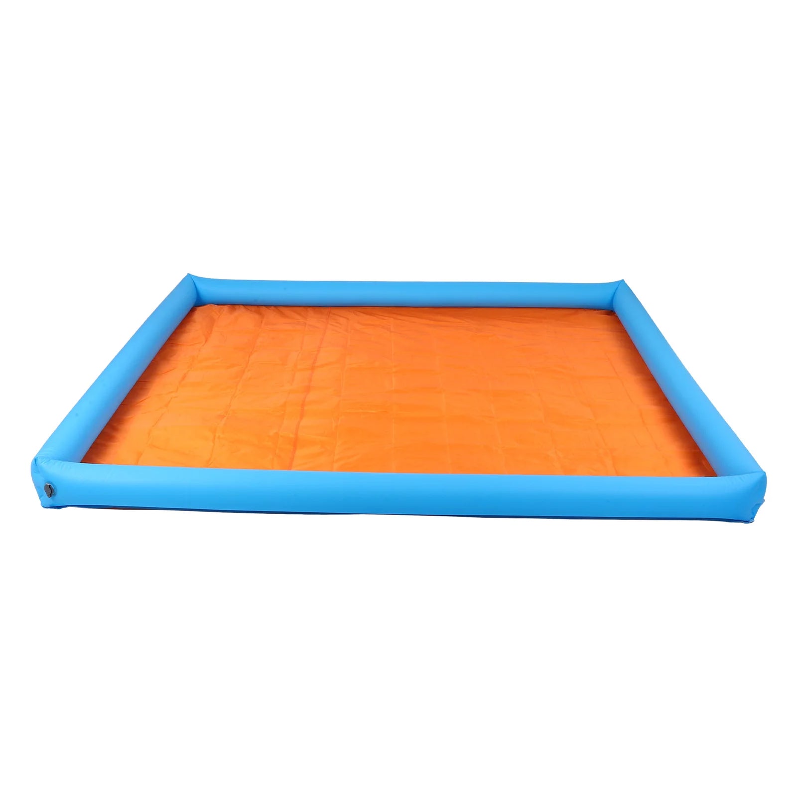 An inflatable rectangular pool or sandbox with a bright orange interior and a thick blue inflatable border, shown on a plain white background.