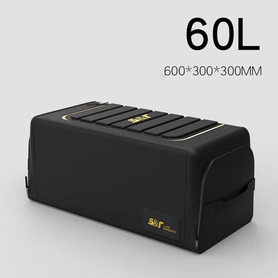 A black rectangular storage box or suitcase-style container with a zip closure and top ventilation slits, shown on a light gray background. Large text at the top reads '60L' with dimensions '600*300*300MM'.