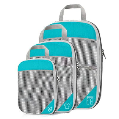 Set of three turquoise and gray packing cubes on a white background